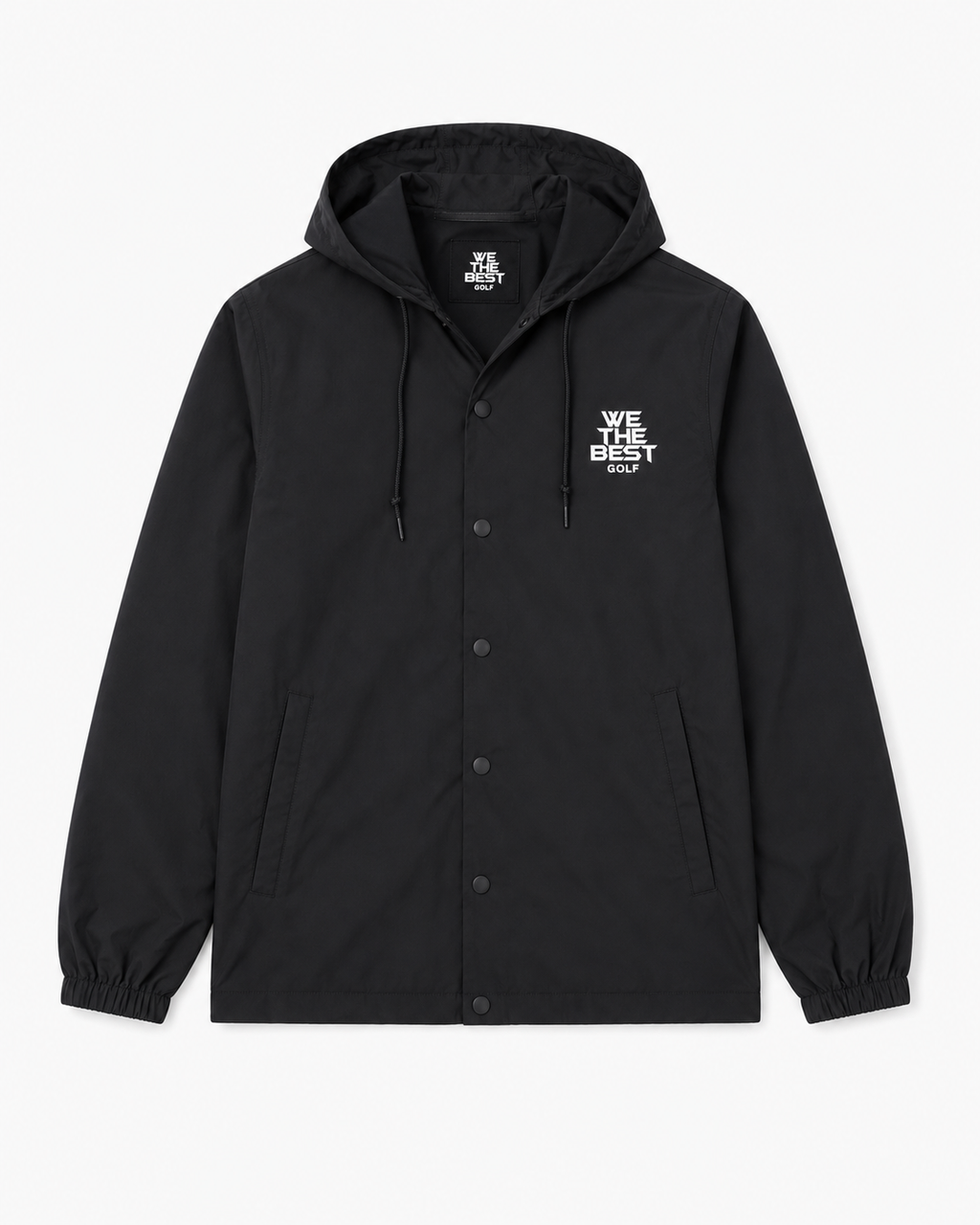 Black jacket with a hood and 'We The Best Golf' text on a white background