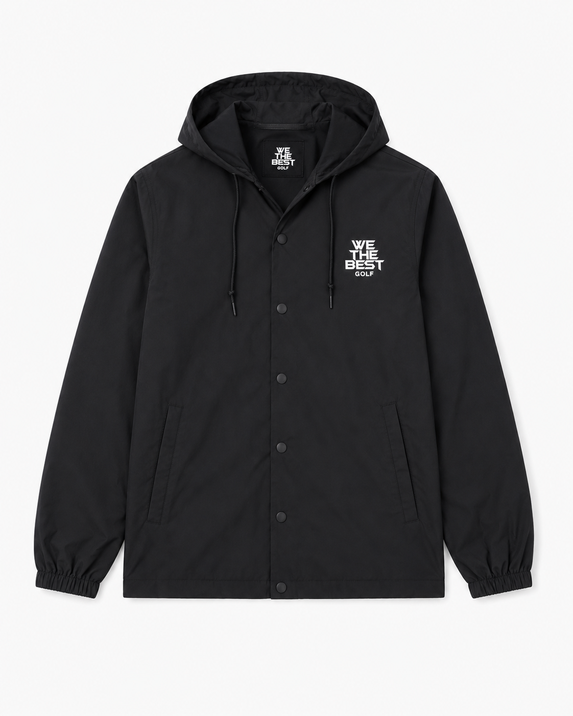 Black jacket with a hood and 'We The Best Golf' text on a white background